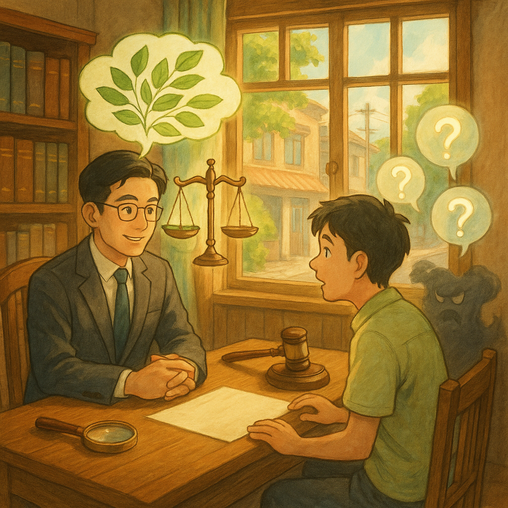 吉卜力風溫暖場景：台灣律師與民眾在木質事務所相談，陽光灑入。半透明語雲化作葉片，被天秤承接；陰影中流言怪霧正消散。幾顆柔光疑問球環繞。桌上無字文件、放大鏡與法槌，窗外街景，手繪質感、自然光魔幻氛圍。