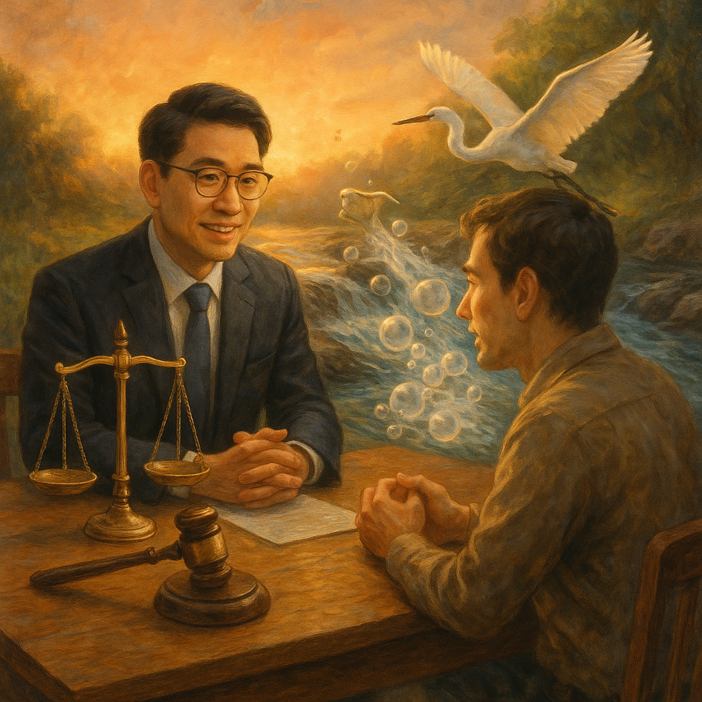 暖色夕光下，台灣律師與當事人於木桌諮詢，天平與法槌微光漂浮；清澈水流將灰暗紙鈔化為泡泡與白鷺，象徵洗錢罪的揭露與終結，高解析度手繪質感、自然光、無文字。