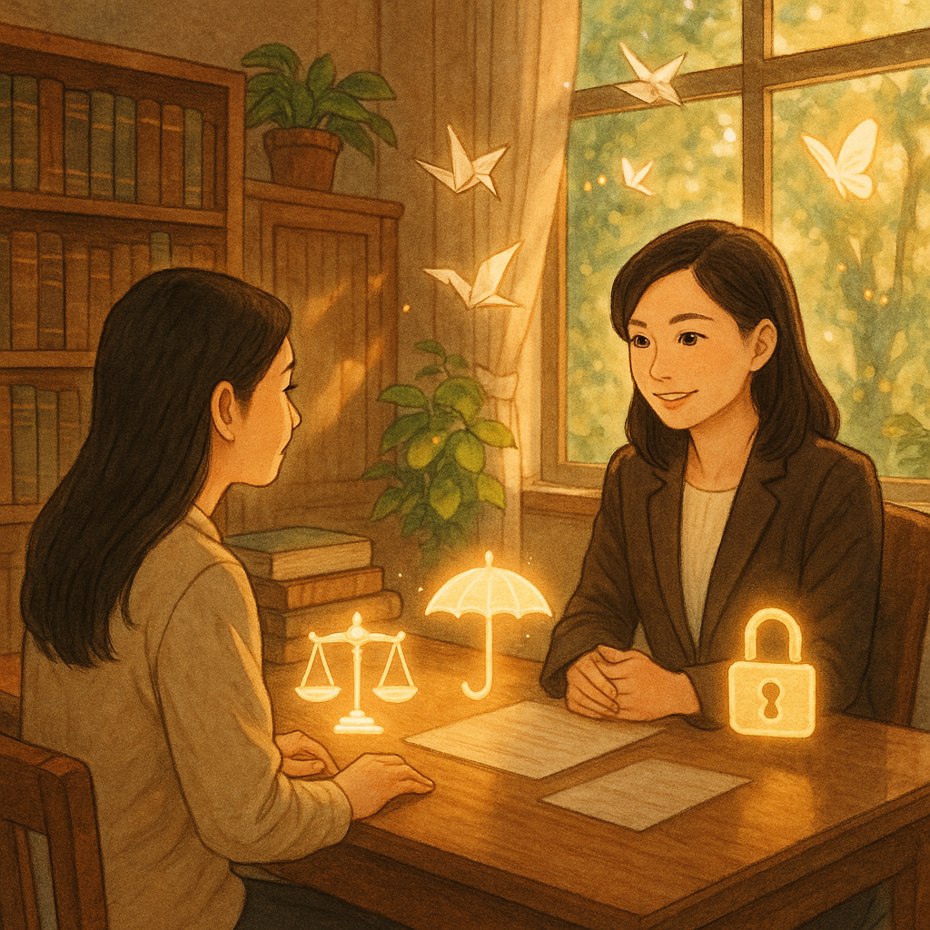 暖色森林系律師事務所內，台灣人女律師與當事人對坐，神情專業溫柔，柔光灑落。桌上浮現天平、傘與鎖的發光符號，象徵妨害性自主之爭點與風險；窗外紙鶴與光蝴蝶環繞，手繪質感與自然光營造吉卜力式奇幻氛圍。