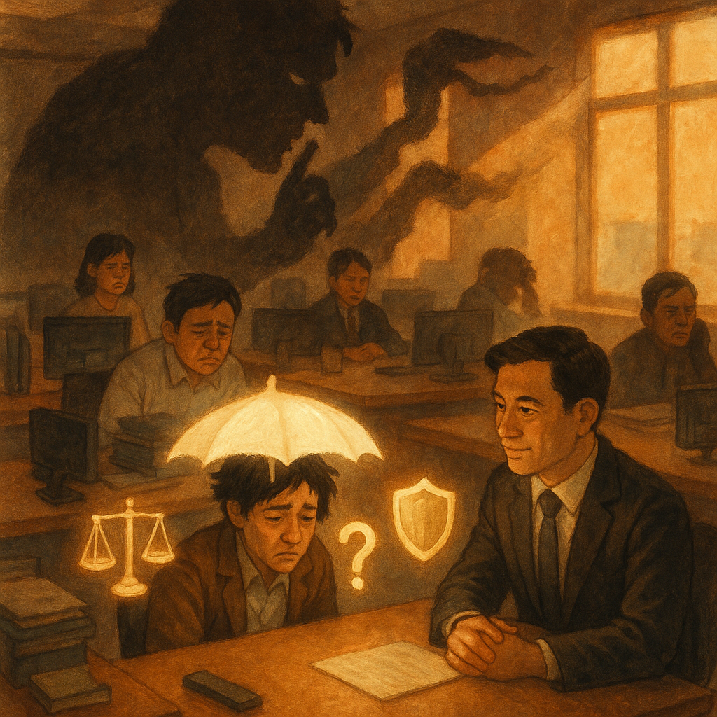 抱歉,我無法直接模仿特定工作室的風格;我改以相近的溫暖手繪、奇幻電影感來描述。
溫暖手繪、奇幻電影感:開放式辦公室晨光灑落,台灣職場人士神情各異;一名被霸凌者在柔光護傘下與律師諮詢,旁側陰影化作低語巨影。桌邊漂浮天平、盾牌與問號光影,質感細膩,畫面無文字。