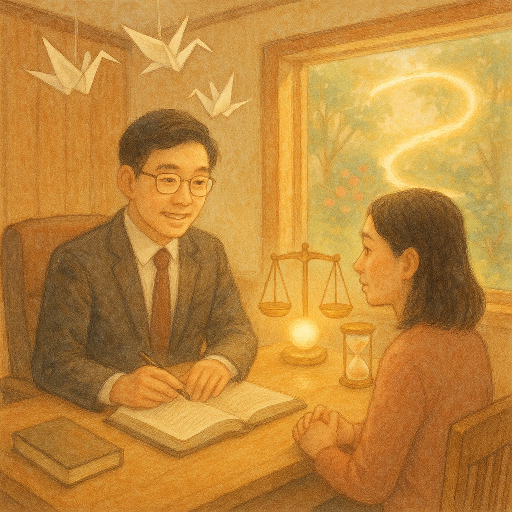 溫暖自然光下,以柔和色調與手繪質感,台灣人律師與當事人於木質辦公室諮詢;天花飄落紙鶴、發光天平與沙漏,窗外花園延伸成回環光路象徵再審與實務建議。