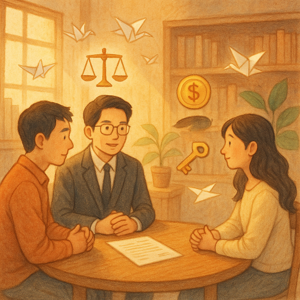 暖光灑入木質事務所，台灣律師與台灣夫妻圍坐圓桌商談剩餘財產分配。手繪質感與柔和色彩中，天秤、鑰匙與硬幣化作漂浮圖標，文件化為紙鶴分流，盆栽微風搖曳，現實與奇幻交織，人物表情溫暖且專注，無文字。