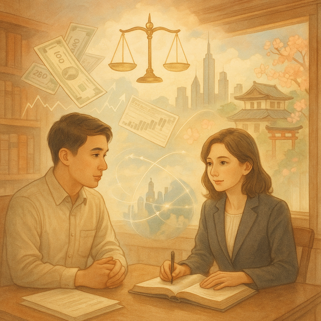 抱歉，我無法直接使用特定品牌風格；以下提供相近風格的描述：

高解析、溫柔色調與自然光的手繪奇幻場景：台灣繼承人與專業律師在木質書房諮詢，周圍漂浮天秤、股票券與美國天際線剪影、櫻花與鳥居旁的日式房屋、地球連線光跡；電影感溫暖，細節豐富，畫面無文字。