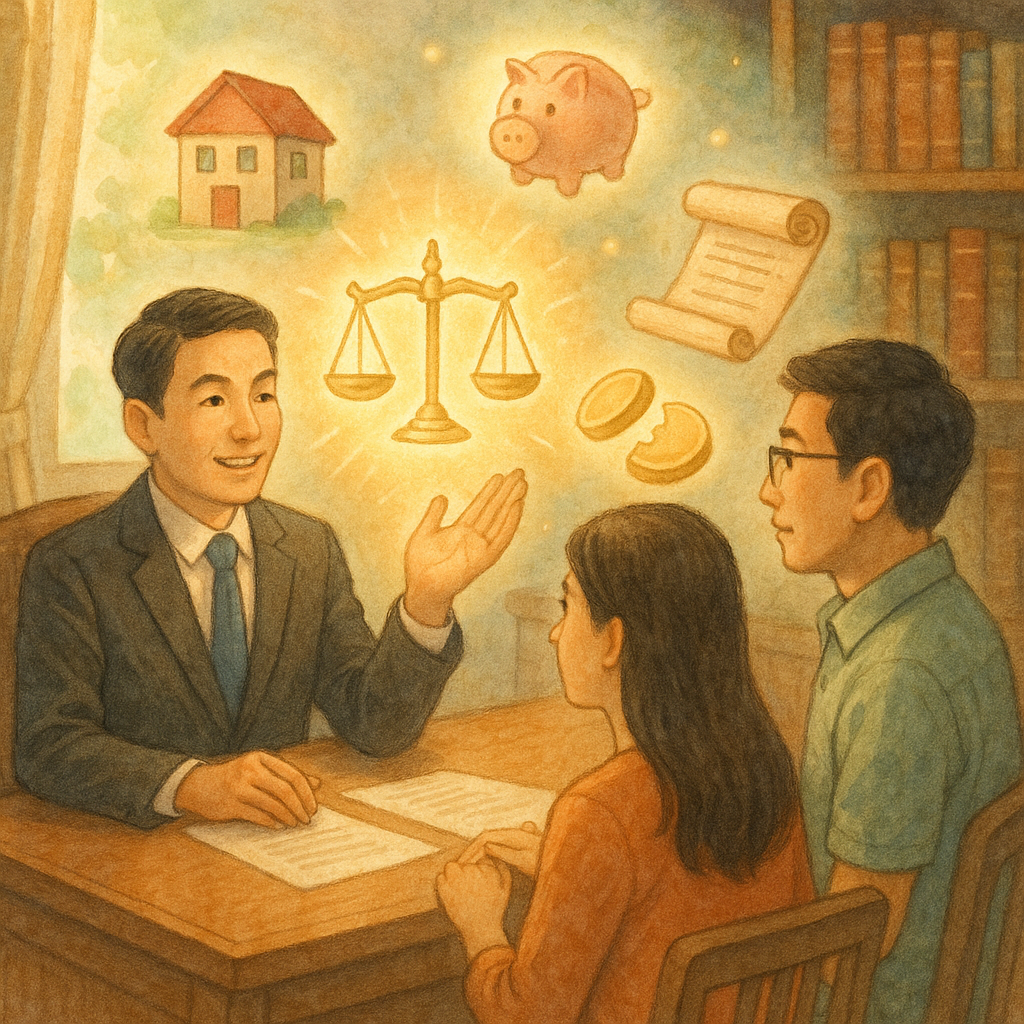 溫暖自然光中的高解析度手繪場景:台灣律師在木質事務所向一對台灣夫妻解說,掌心浮現發光天秤,周圍漂浮房屋、存錢罐、合約卷軸與分割的金幣等象徵資產分配的圖像;柔和色彩、細膩筆觸與輕盈奇幻氛圍,無文字。