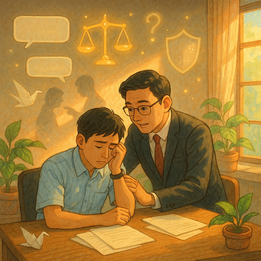 溫柔日光灑入辦公室,一位台灣上班族低眉坐於桌邊,台灣律師傾身安慰。牆上投射指指點點的模糊剪影;周圍漂浮無字對話框、天平與盾牌、問號光點,紙鶴與綠植輕動,吉卜力式手繪質感,暖色細膩而富魔幻氣息。