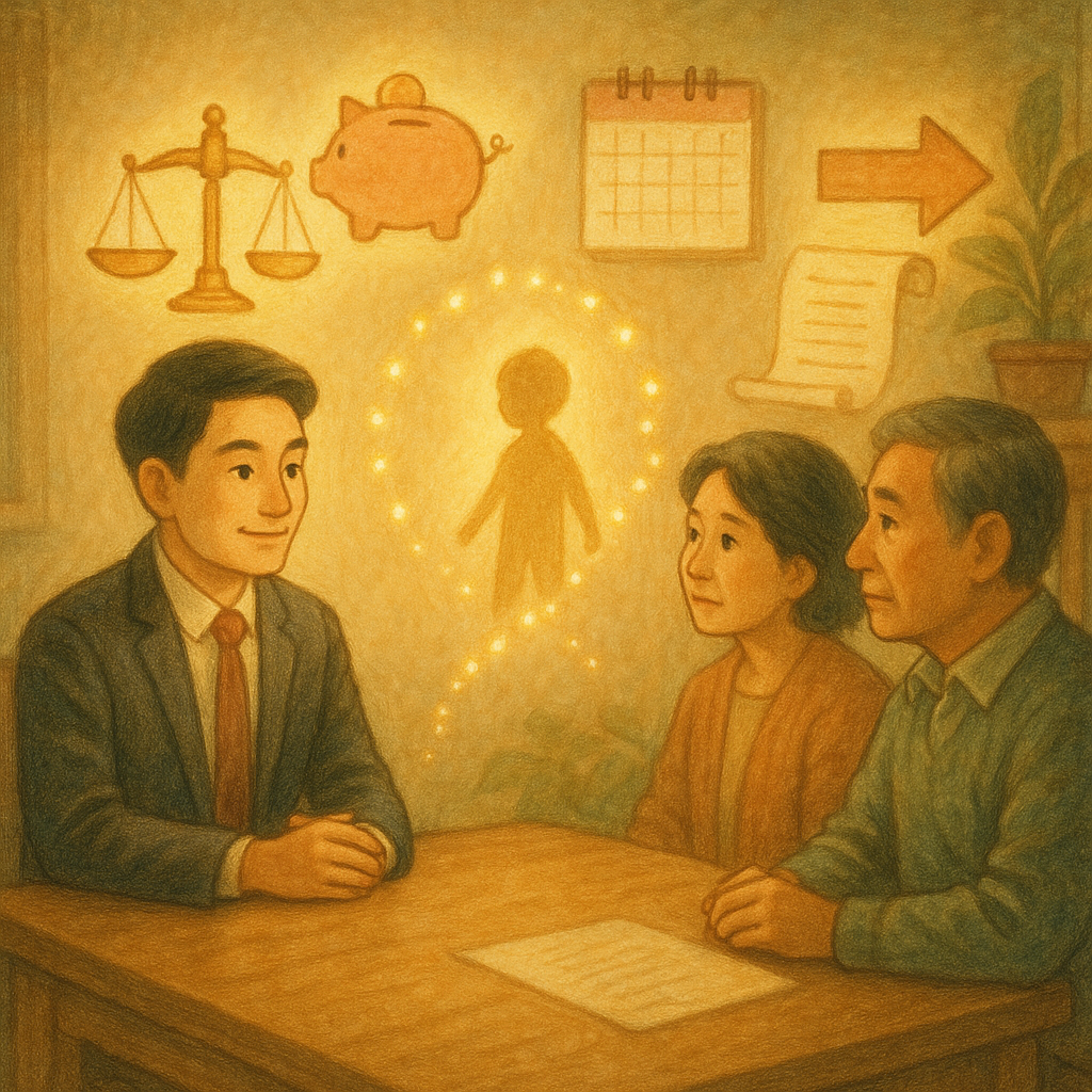 抱歉，我無法直接複製特定工作室的風格，但可提供帶有溫暖奇幻、手繪質感與自然柔光的高解析插畫描述：
柔光下，台灣人律師與父母在木質諮詢室相對而坐；周圍漂浮天秤、存錢罐、日曆與合約卷軸、前進箭頭等象徵，金色光點連結孩子剪影，電影感手繪質感溫暖奇幻，畫面無文字。