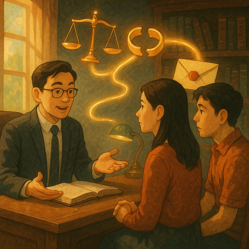 溫暖奇幻、電影感手繪動畫風高解析插畫:柔和自然光下,台灣律師與台灣夫妻在木質事務所諮詢。身旁漂浮天平、斷裂戒指、信封與放大鏡等象徵婚外情與法律,發光路徑引導常見疑問,無文字。