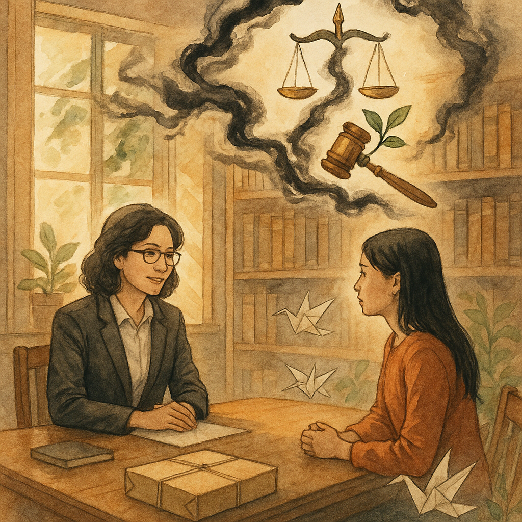 日光灑入木質事務所，台灣律師與當事人對坐諮詢。漂浮的呢喃化作墨色雲絲，向上被金色天平與長出葉子的法槌淨化。紙鶴環繞封起的卷宗盒，微風拂動，手繪質感、柔色光影，溫暖而奇幻。畫面無文字。