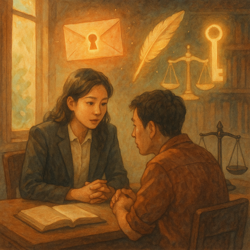 溫暖木質事務所裡,一位台灣律師與台灣當事人低聲諮詢;窗光灑落,漂浮的信封化作發光鎖與羽毛筆,旁有天秤與鑰匙孔形光束,象徵洩密罪與案例啟示,手繪質感、柔色奇幻、電影感。