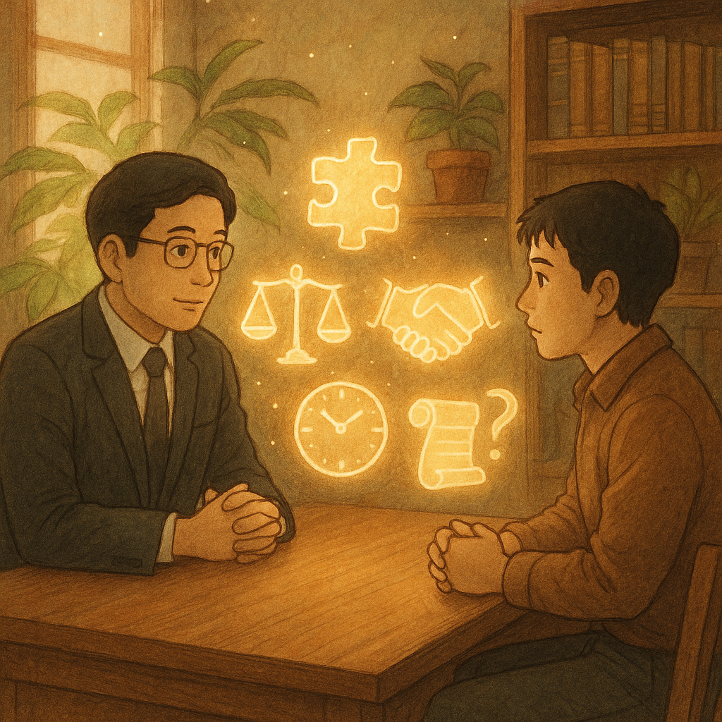柔光下的木質事務所,台灣人律師與當事人溫和對坐,桌間漂浮發光圖像:天秤、拼圖、握手、時鐘、卷軸與問號,象徵認罪協商與選項利弊。手繪紋理、自然植物與微塵光點營造吉卜力風的溫暖奇幻氛圍,畫面無文字。