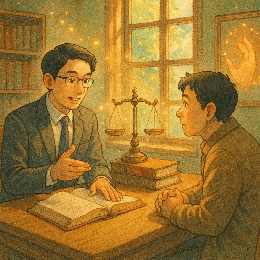 日光灑入溫暖的法律諮詢室,台灣人律師與民眾對坐,表情傳神;吉卜力式高解析度柔和色調與手繪質感,寫實與奇幻平衡,奇幻光粒圍繞天秤、法院、卷宗與保護之手,象徵國賠流程與常見疑問;無文字。