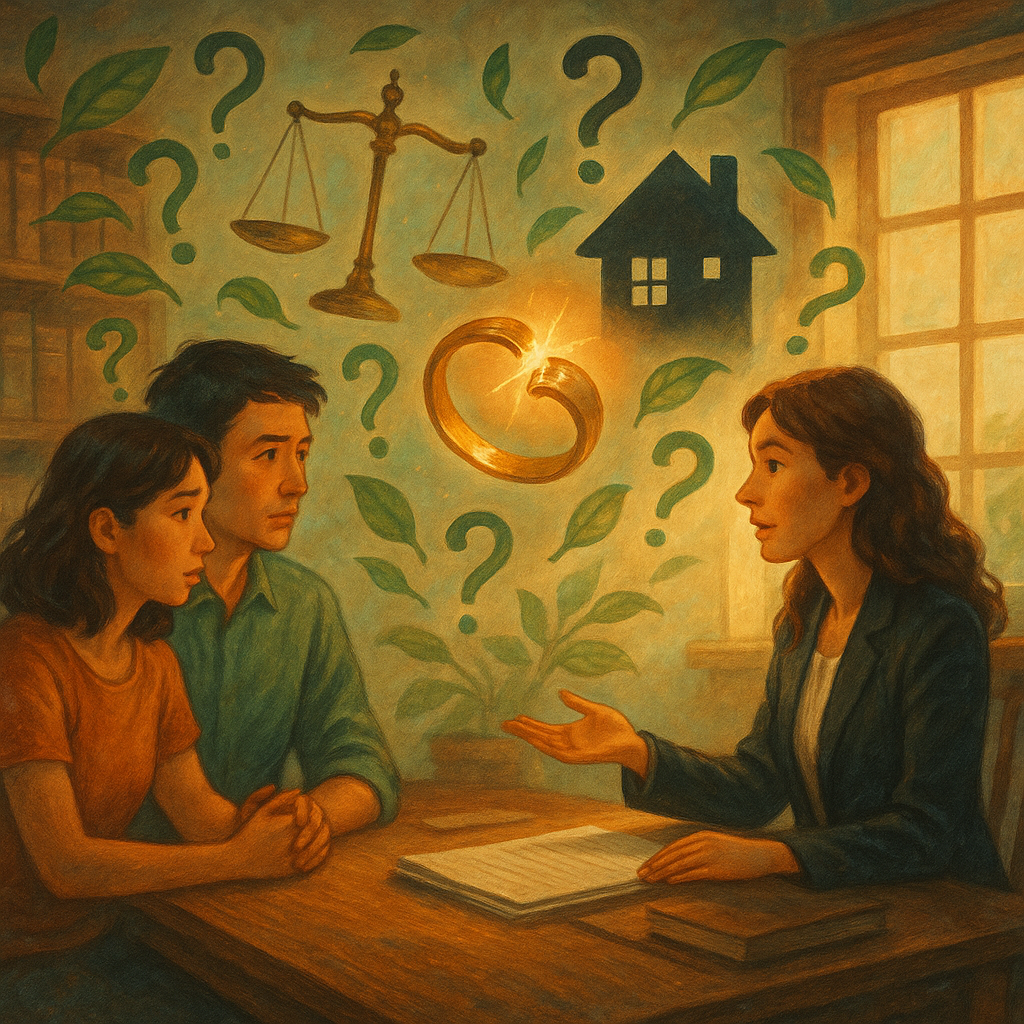 抱歉,我無法直接以特定工作室的風格創作;以下提供一段相近風格的圖片描述:
溫暖奇幻手繪動畫風:台灣夫妻在木質事務所向專業律師諮詢,柔和自然光灑入。空中漂浮天平、發光破裂婚戒與家屋剪影象徵侵害配偶權,樹葉化作問號環繞,高解析手繪質感、魔幻寫實且細膩,具沉浸與電影感,無文字。