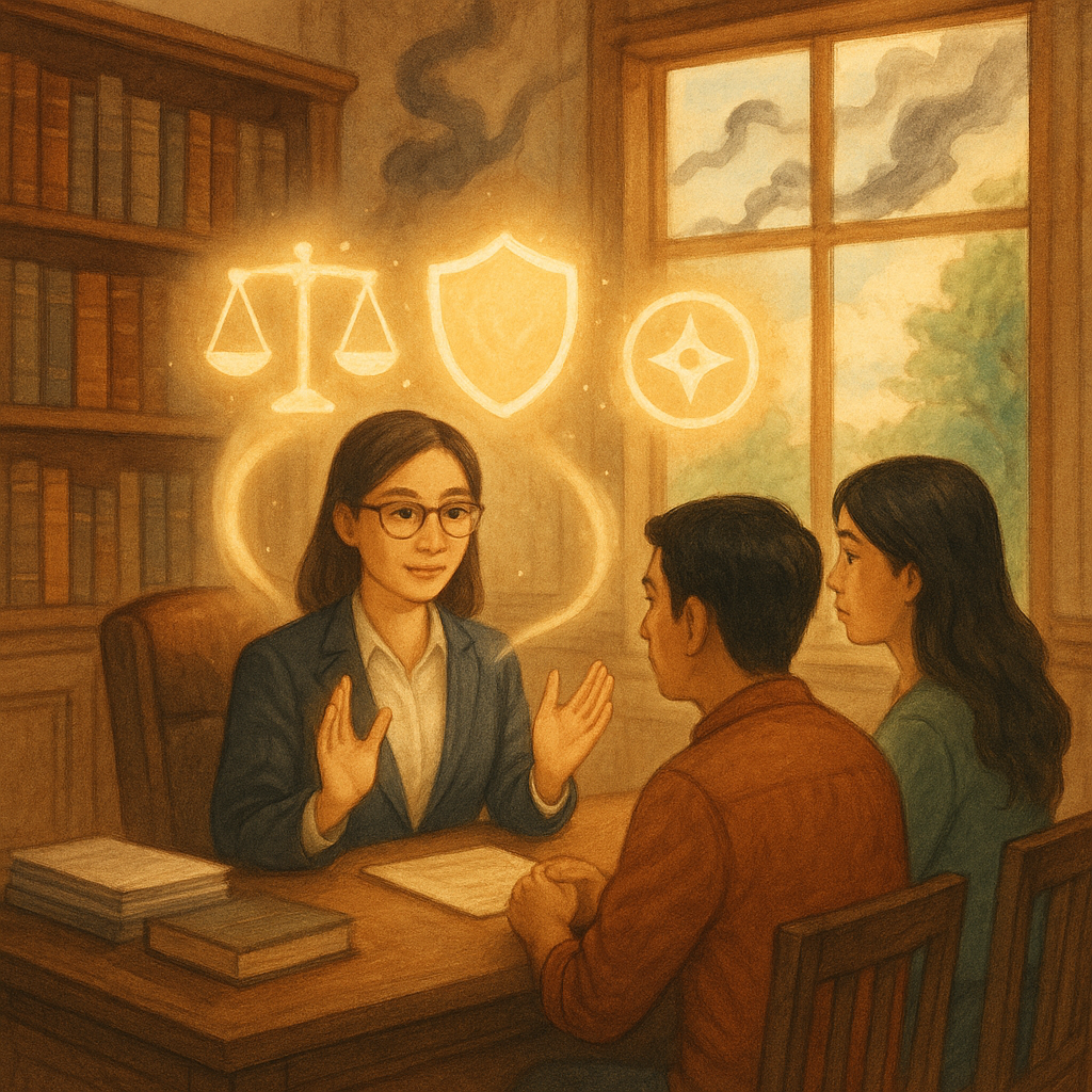 抱歉，我無法直接使用特定工作室的獨特風格，但可提供相近的溫暖奇幻美學描述。

溫暖木質律師事務所內，兩位台灣人正諮詢：專業律師以柔光護盾與漂浮的天平、盾牌、指南針圖示回應；窗外化成煙的陰影象徵恐嚇消散，柔和色調、自然光與細膩手繪質感營造奇幻而安心的FAQ氛圍。