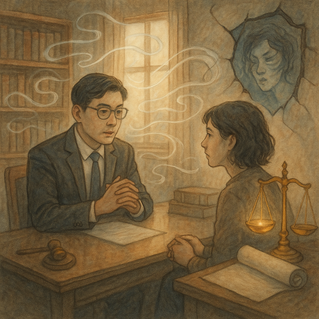 抱歉,我不能直接依特定工作室的風格創作;以下是相近風格的描述:
柔和自然光下,台灣律師與當事人在溫暖書房對坐,手繪質感、柔色調與電影感構圖。耳語化作影子波紋繞室漂浮,破碎鏡映出扭曲人像,旁置發光天秤與無字法卷,寫實與奇幻交融,情感細膩、沉浸。