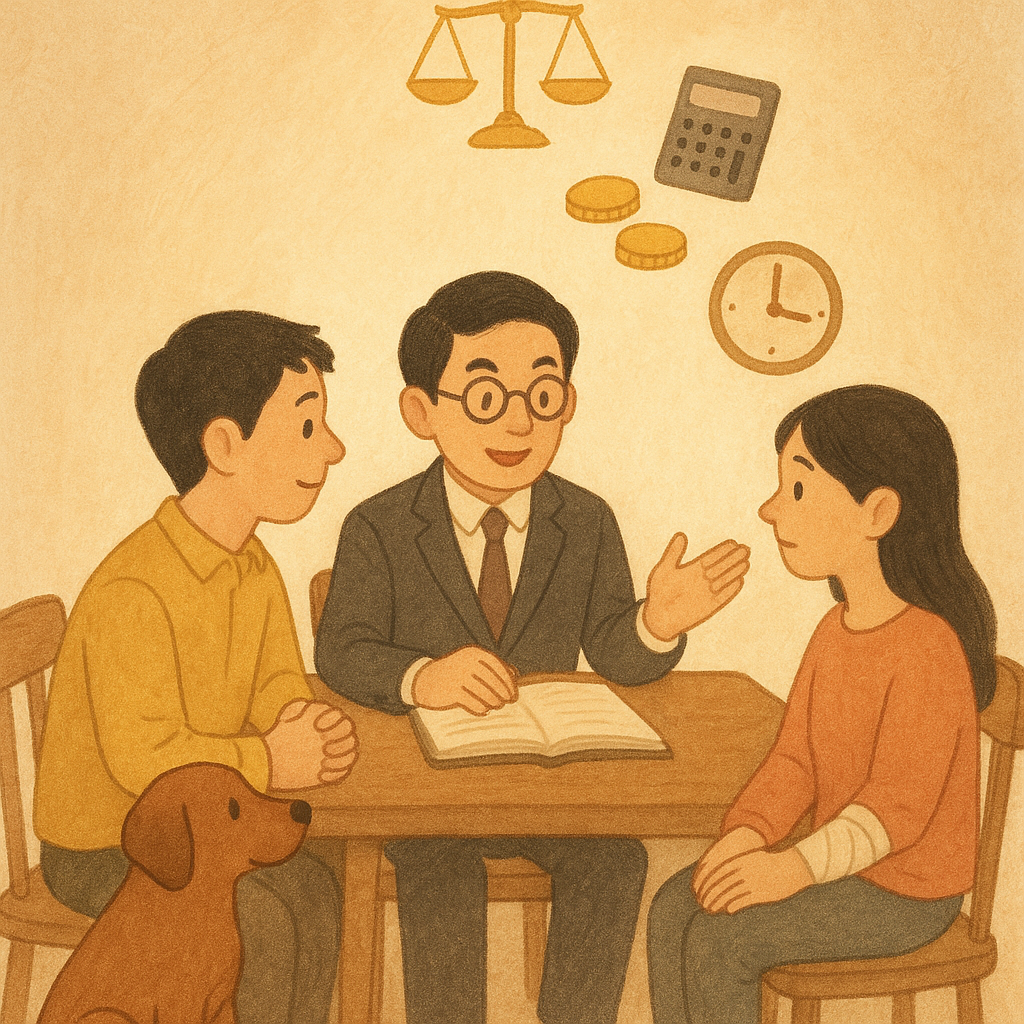 溫暖手繪場景:台灣人律師與台灣飼主、被咬者在木桌前諮詢;旁邊乖巧犬。柔光下漂浮象徵圖示—天平、計算機、硬幣、時鐘、繃帶與爪印—依階梯排列,暗示求償計算步驟;自然色調、無文字、童趣奇幻感。