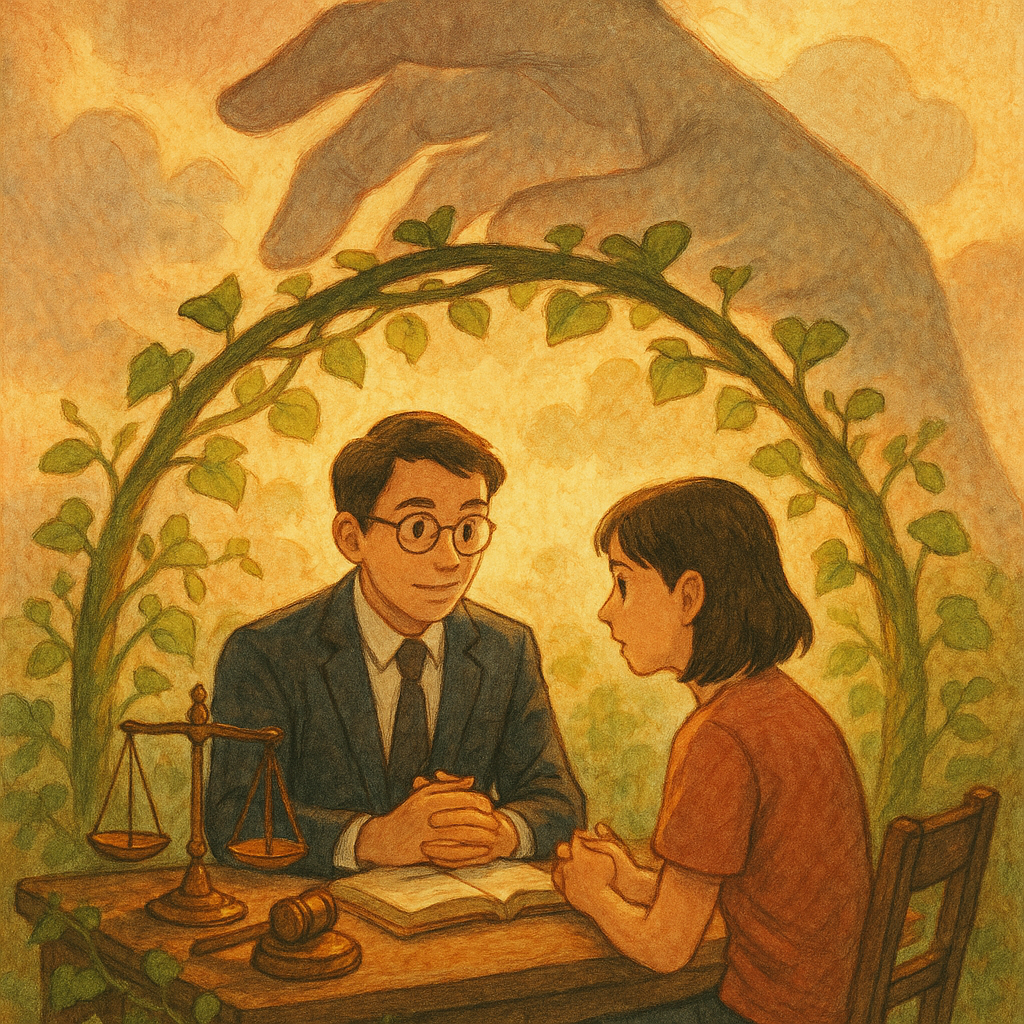 溫暖自然光、手繪質感、吉卜力風。台灣律師與當事人諮詢，天平、法槌、柔和藤蔓形成保護圈，遠處半透明巨大手的陰影象徵強制壓力，細節豐富且奇幻寫實。