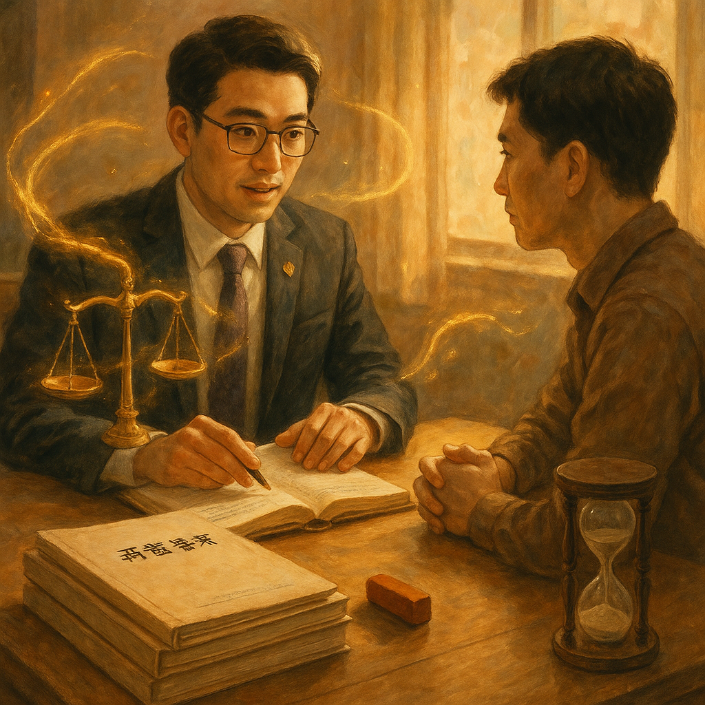 暖色自然光下，台灣律師與當事人於木桌諮詢，桌上堆疊再審卷宗、印章與沙漏，天平與流動光影化作精靈環繞，細膩手繪質感、帶有電影感的夢幻寫實，象徵實務流程與準備。