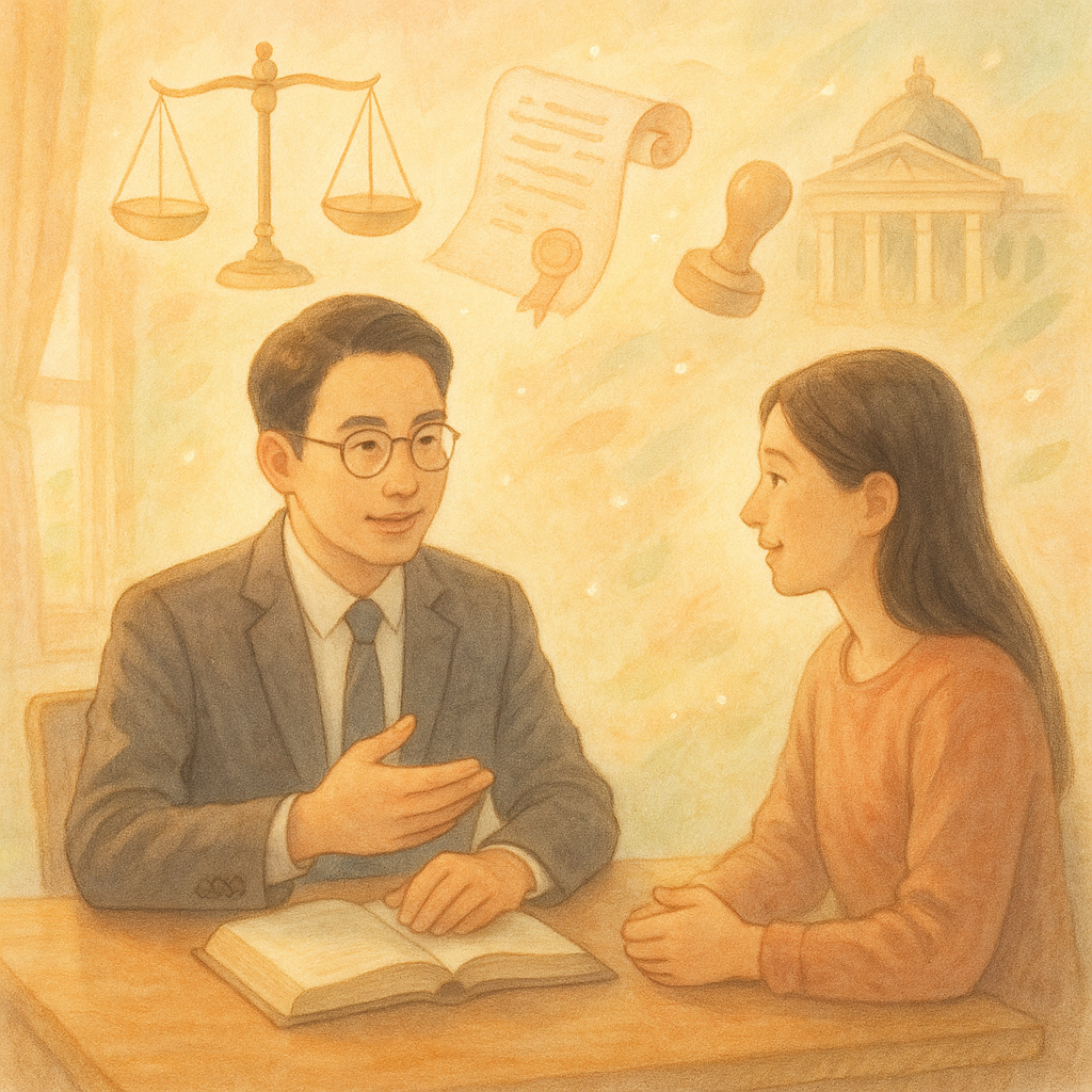 溫暖自然光下，台灣律師與民眾在木質諮詢桌旁交流，表情溫和專業，手繪柔色。周遭漂浮象徵國賠的天平、公文卷、印章與政府建築剪影，化作柔和光粒與微風；細膩質感兼具寫實與奇幻，沉浸而無文字。