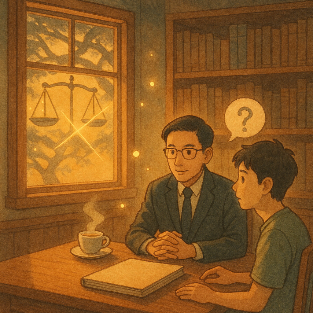 吉卜力式柔和色調與手繪質感:黃昏中,台灣律師與當事人在木質事務所對談;窗外榕樹枝影化作天秤與交織光路,象徵共同正犯;茶杯與無字卷宗、微光與漂浮光球如疑問氣泡,營造溫暖奇幻的諮詢氛圍。