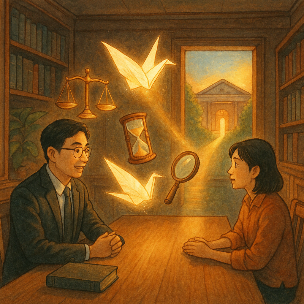 溫暖夕光中,台灣律師與當事人於木質辦公室對談,卷宗化為發光紙鶴與天平、沙漏、放大鏡在空中旋轉,遠處法院化作通往新門的光徑,吉卜力式手繪質感、自然光影、無文字,寓意案件再審與專業諮詢。