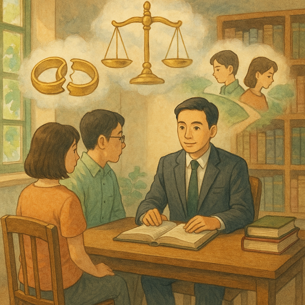 吉卜力風高解析插畫:柔色自然光的律師事務所內,台灣人律師對坐一對台灣夫妻諮詢;空中浮現天秤、裂痕婚戒與分岔案例場景,手繪質感溫潤,魔幻寫實,畫面無文字。