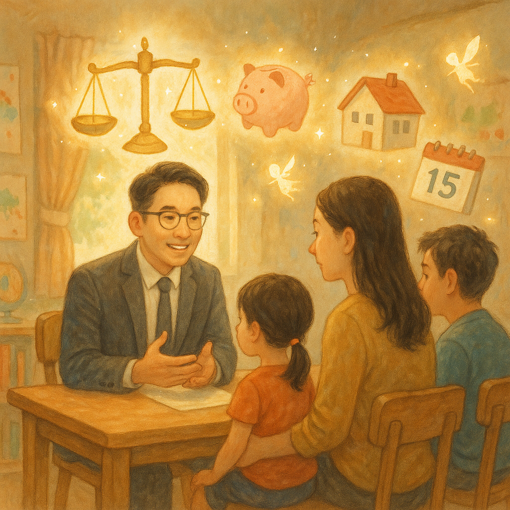 柔和色調與自然光下，台灣人專業律師在童趣感法律諮詢室與父母與孩童交談；天光漂浮天秤、硬幣、存錢筒、家屋與日曆，周圍發光小精靈引導，手繪質感、魔幻寫實，沉浸溫暖，無文字。