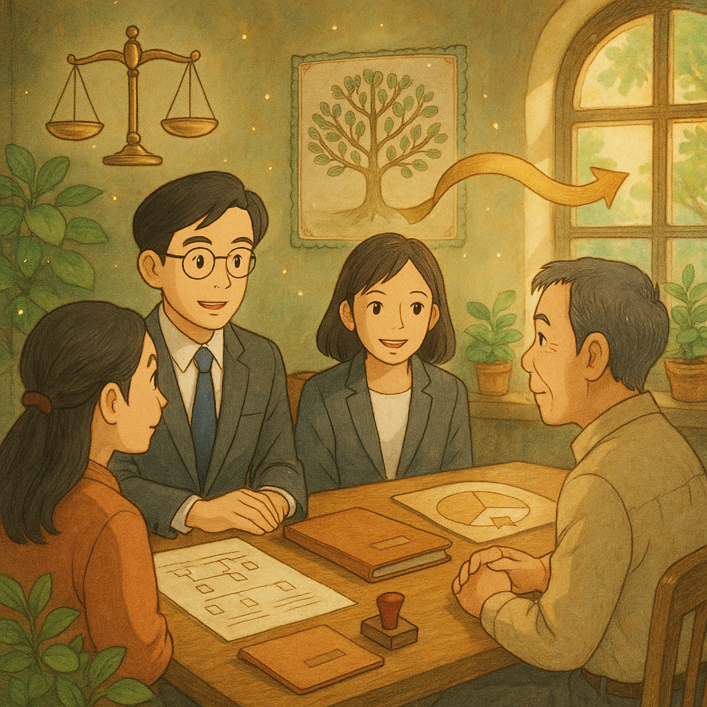溫暖自然光下的吉卜力風律師事務所，兩位台灣人律師與家屬對談，神情專業且溫暖；桌上手繪質感文件、資料夾與印章，周圍漂浮天平、家譜樹、圓餅切片象徵特留分與流程箭帶，細緻植栽與微光營造奇幻感，畫面無文字。