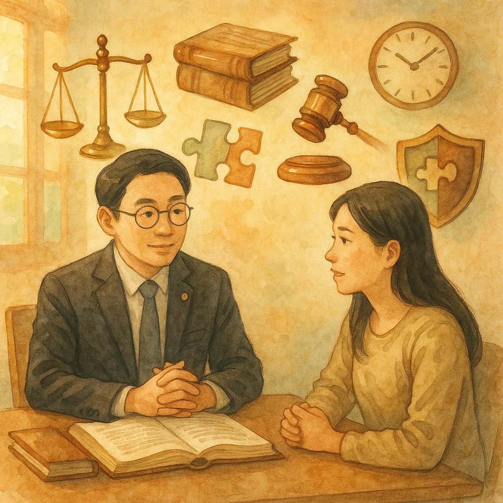 溫暖自然光與柔和色彩中，台灣律師與當事人相談，手繪質感；天平、卷宗、法槌、拼圖與盾牌、時鐘等象徵在空中輕盈浮動，寓示執行事件訴訟的爭點與風險控管，奇幻而寫實。