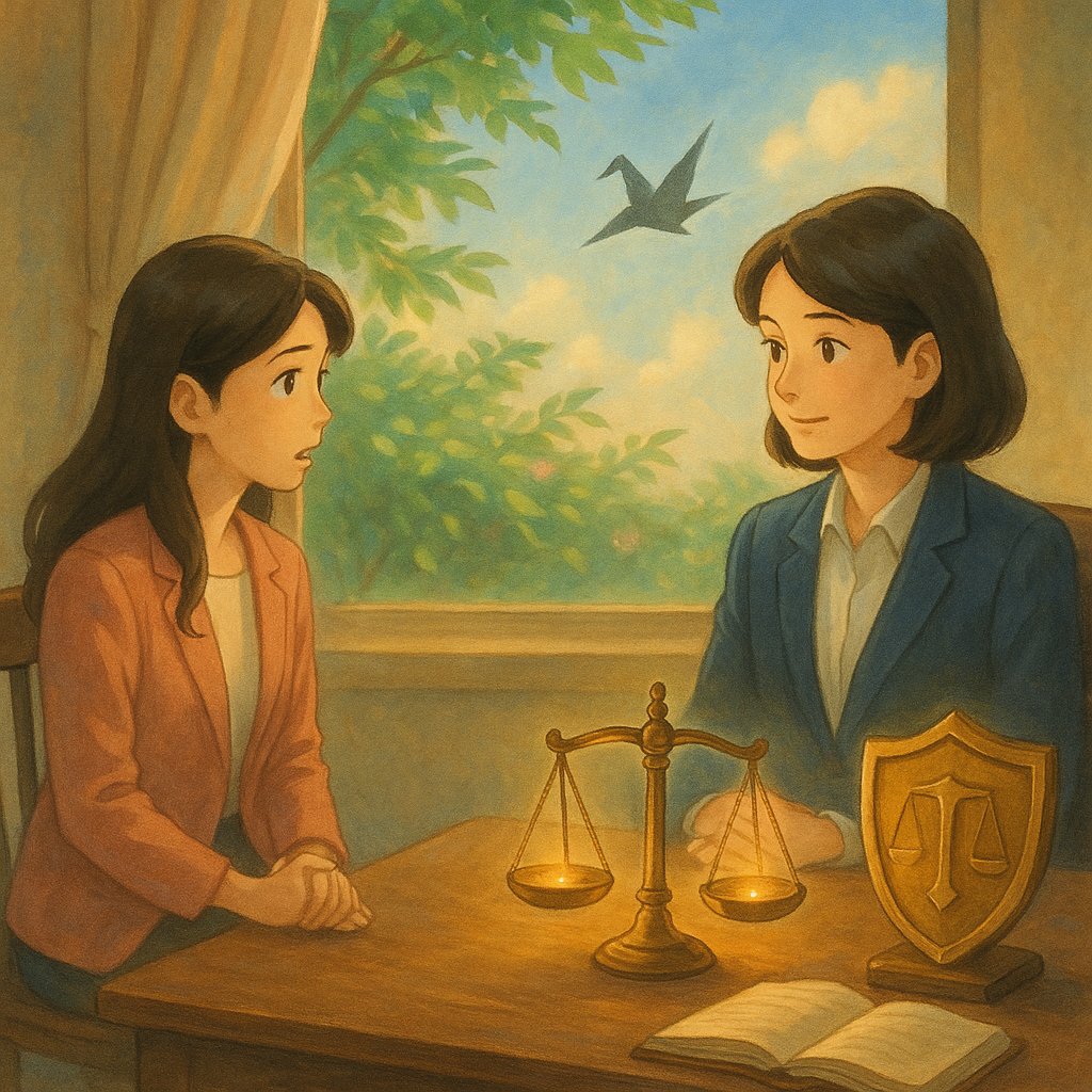 吉卜力風格柔光辦公室,台灣職場女性向台灣律師傾談,桌上天秤與盾牌散發微光;窗外風拂綠植,黑影化作紙鶴遠飛,象徵職場霸凌終結與法律支持,手繪質感、溫暖魔幻,畫面無任何文字。