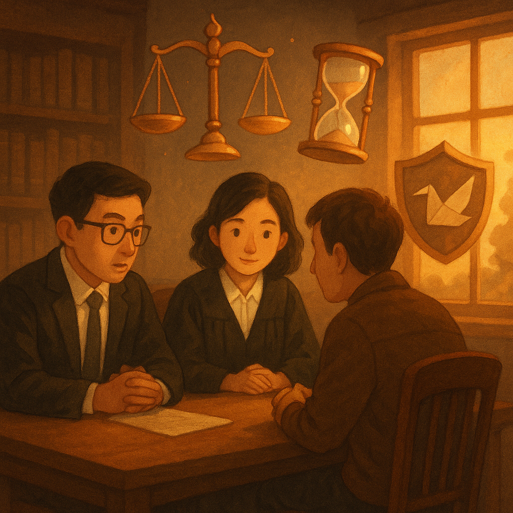 黃昏木質律所裡，兩位台灣律師與當事人圍桌低語；柔光中漂浮天秤、沙漏、放大鏡與上鎖錢箱，象徵舉證、時效與侵占罪；紙鶴化作護盾，寓意撤告與風險控管；無文字，溫暖手繪、童話般電影感與高解析度質感。