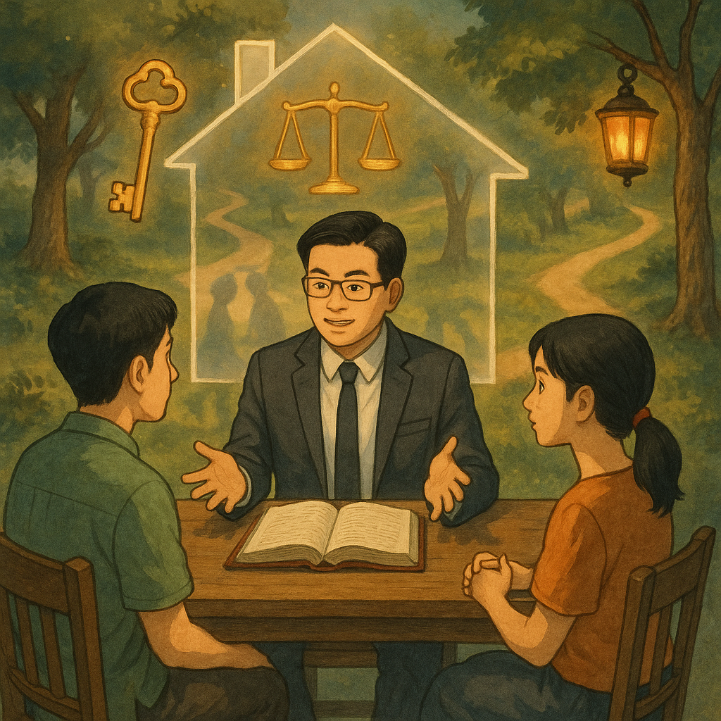 吉卜力風高解析插畫:台灣人律師與兩位當事人在木桌諮詢,柔光與手繪質感、溫暖魔幻氛圍。透明房屋與雙重影子、漂浮鑰匙與天秤象徵借名登記爭點與風險;分岔小徑與燈籠延伸觀察,畫面無文字。