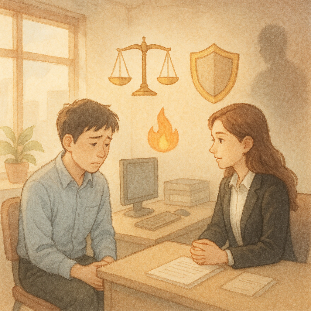 溫柔自然光下,台灣職場辦公室化為童話場景:受霸凌的上班族與律師對坐,表情真摯;周圍漂浮天平、盾牌與小火光象徵法律解答,暗影人形在角落漸淡。手繪質感、柔色、無文字。