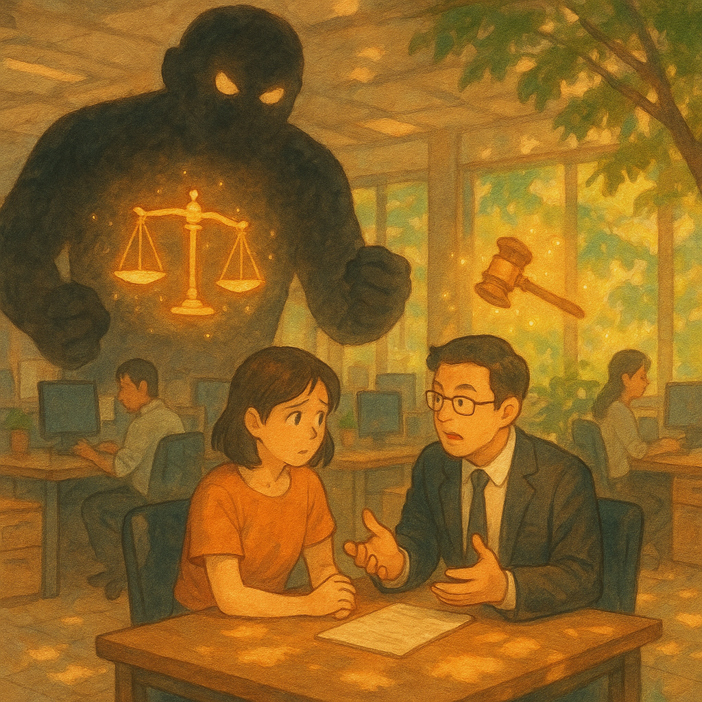 高解析度、暖色系、吉卜力風格手繪場景：台灣職場開放式辦公，陰影巨人象徵霸凌；台灣律師與受害者表情豐富，在柔光樹影下諮詢，天平與法槌化作漂浮光粒守護，真實與奇幻交織，畫面無文字。