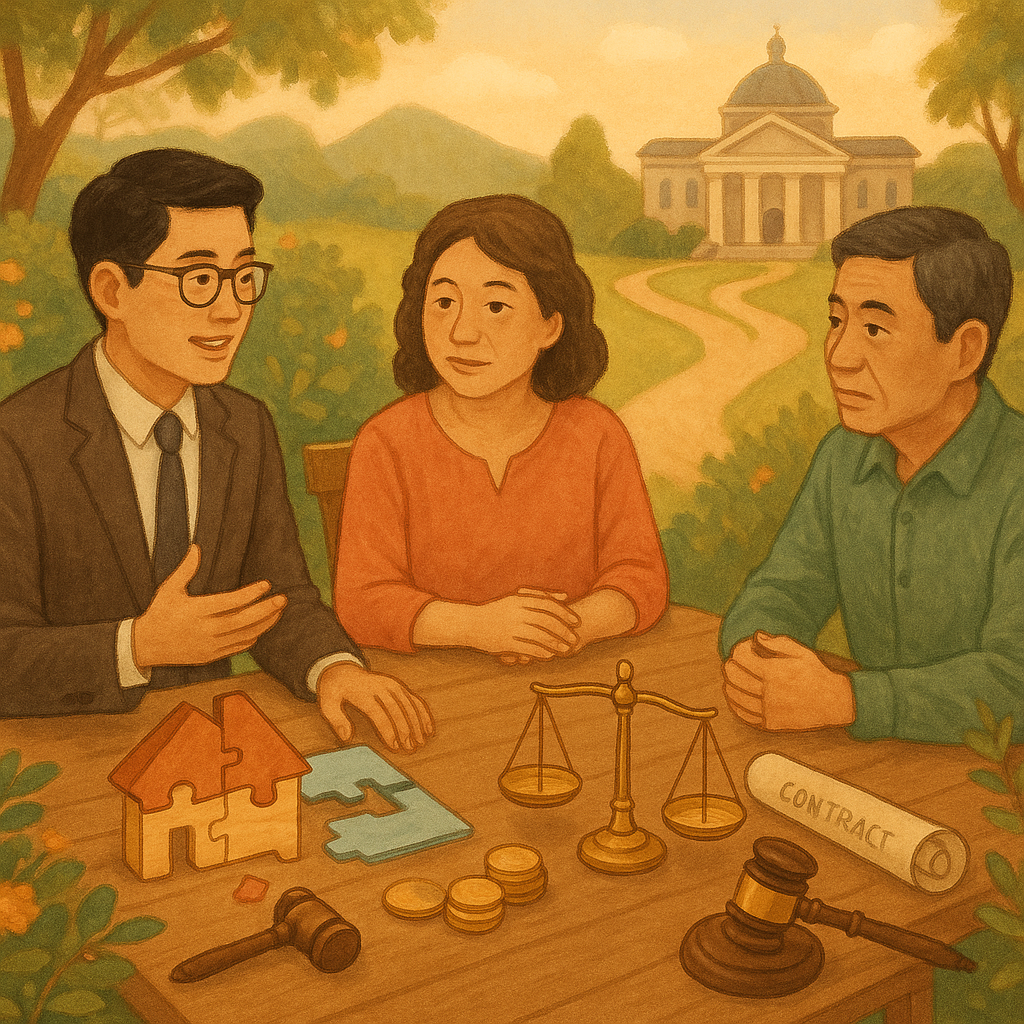 溫暖柔和色調、自然光與手繪質感的奇幻插畫:台灣人律師與兩位共有人在庭園長桌諮詢,桌上有房屋拼圖、天平、契約卷軸、金幣與法槌;遠處法院與分岔小徑象徵程序、費用與買斷抉擇。畫面無文字。