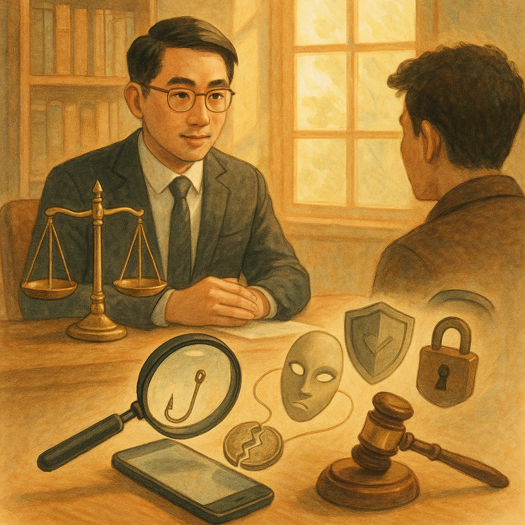 陽光灑入木質律所,台灣律師與民眾對坐諮詢;桌上天秤微光浮動,放大鏡照向手機,訊息化作細緻魚鉤與線影,牽出面具與斷裂硬幣,旁有盾牌、鎖與法槌緩緩環繞。柔和色彩與手繪質感,溫暖奇幻、電影感自然光,無文字。