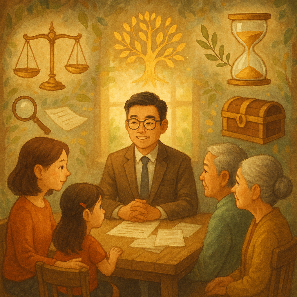 抱歉,我無法直接使用特定工作室的風格;以下提供具相似溫暖、奇幻、手繪質感與自然光的動畫風描述:
溫暖奇幻的動畫風場景:台灣律師與家族在木桌諮詢,柔光灑落。周圍漂浮天秤、沙漏、放大鏡與文件、握手橄欖枝、家族樹化為金葉與寶箱,象徵遺產爭點、時效、舉證與和解,手繪質感、無文字、高解析度。