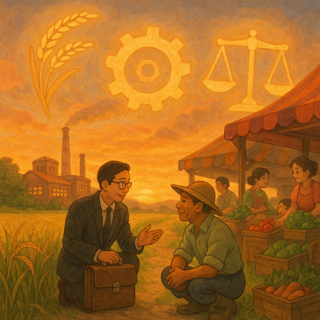 吉卜力風格魔幻插畫：黃昏田野連接市集與工廠，台灣律師與農民、店家對談，柔光環繞。天上浮現稻穗、齒輪、秤盤與盾牌等象徵，指引常見問題與妨害農工商議題；手繪質感、暖色自然光，畫面無文字。