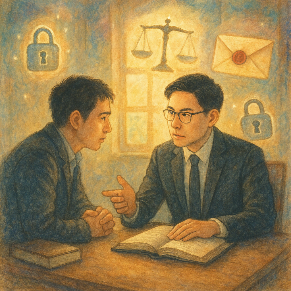 暖陽透窗的木質事務所裡，表情專注的台灣律師與當事人低語，周遭漂浮鎖頭、天秤與封蠟信封的微光圖像，手繪質感與夢幻色調呈現洩密罪諮詢與常見問題氛圍。