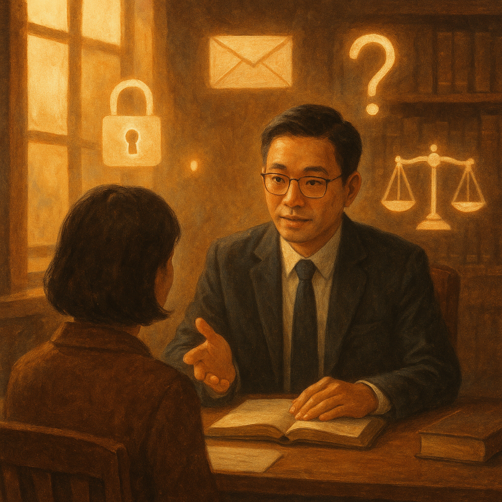 抱歉，我無法直接以該特定風格創作，但可提供相近風格的圖片描述：
溫暖細膩手繪的法務諮詢場景，電影感構圖：台灣律師與民眾在木質辦公室交談，窗光灑落；周圍漂浮發光鎖頭、信封與天平等象徵，暗示妨害秘密的保護與疑問。