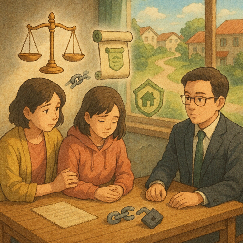 高解析吉卜力風溫暖手繪、柔和自然光。台灣社工與律師陪同家暴當事人於木桌諮詢;桌上漂浮天平、保護令卷軸、復合的斷鏈與庇護屋圖示;窗外路徑連結多屋,寓意案例可複製。畫面無文字。