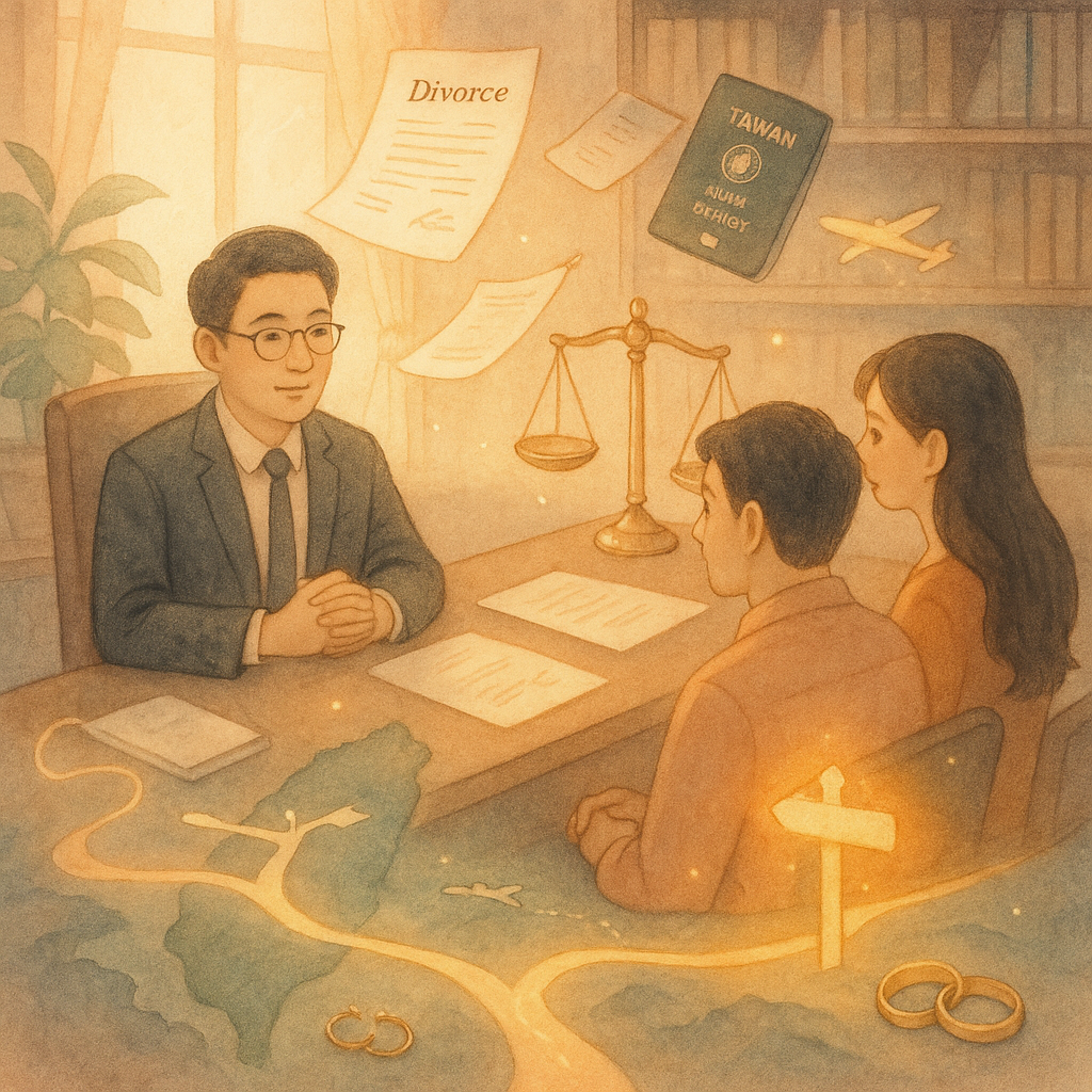 柔光下的手繪辦公室,台灣律師與台灣夫妻對談;桌上環繞浮動的離婚文件、護照與天平,地圖延伸出分岔路與飛機,散落破裂戒指與發光路標,溫暖奇幻,畫面無文字。