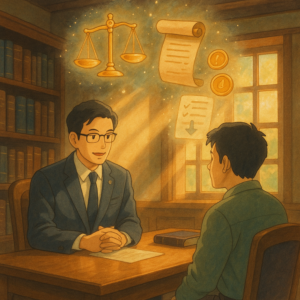 吉卜力風格、柔光手繪：台灣律師與當事人在木質書房諮詢，溫暖光束照映；天花漫浮發光天秤、卷軸與透明清單、硬幣與下載符號化圖示，象徵執行事件訴訟與預算透明；自然細節與奇幻氛圍。