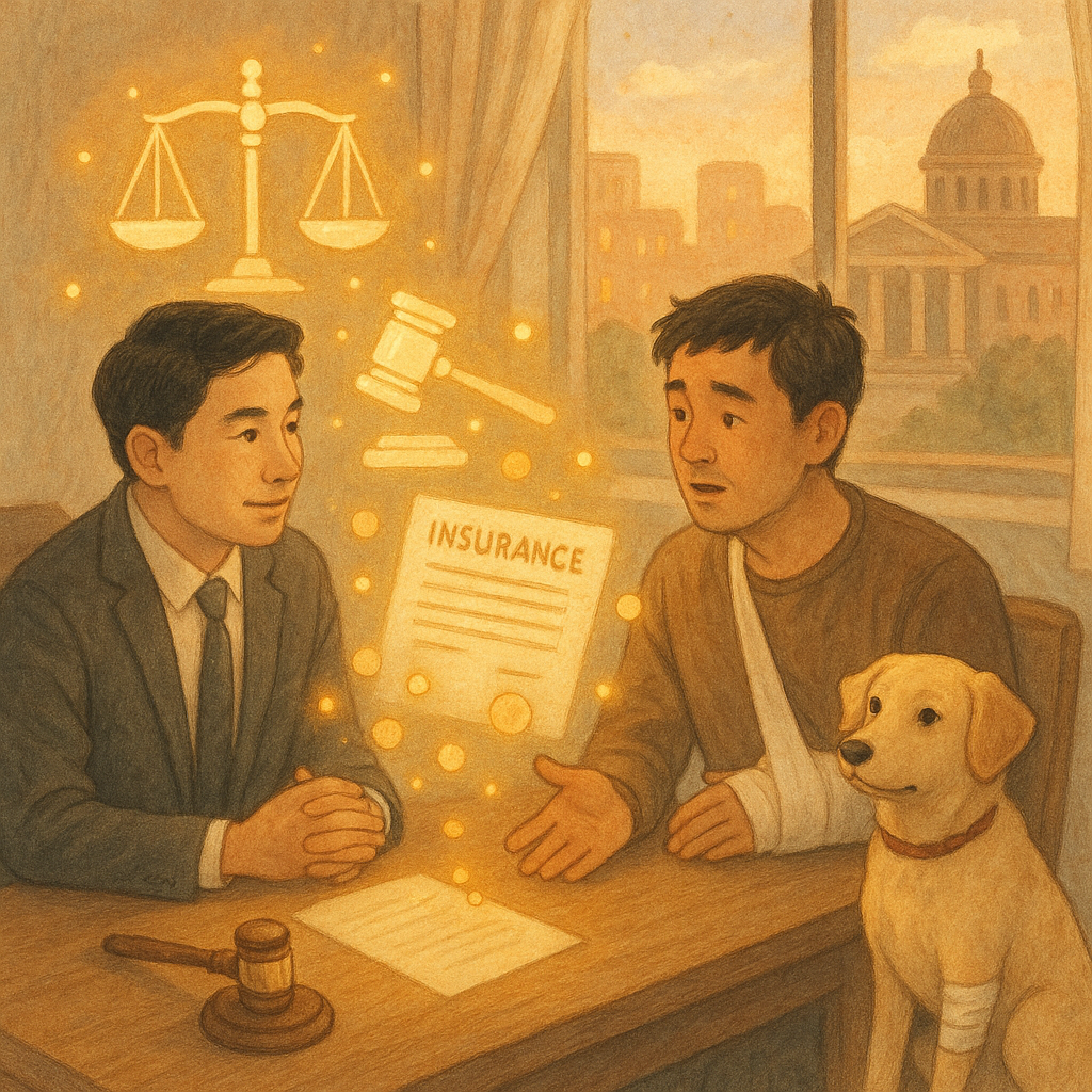 高解析、溫柔色調與自然光的奇幻電影感插畫:台灣人律師與受傷飼主諮詢,桌上浮現天秤、判槌與保險文件圖像與金色硬幣光點;一隻綁繃帶、乖巧的狗在旁,窗外暖色城市與法院剪影,手繪質感溫暖,畫面無文字。