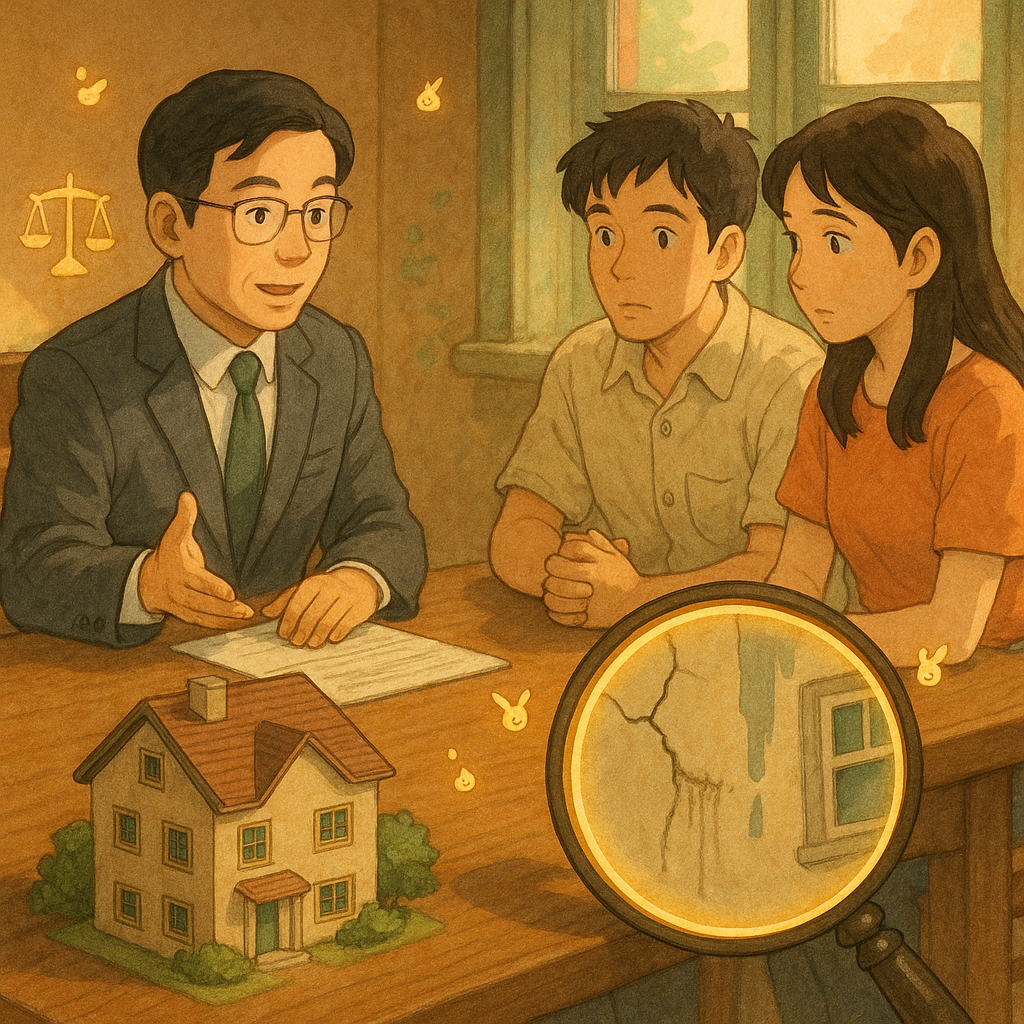 吉卜力風高質插畫:台灣律師與台灣年輕夫妻在木桌前諮詢,柔和自然光與暖色。手繪模型屋旁,發光放大鏡映出牆裂、滲水、歪窗等瑕疵,微小精靈與天平符號飄浮,質感細膩,畫面無文字。