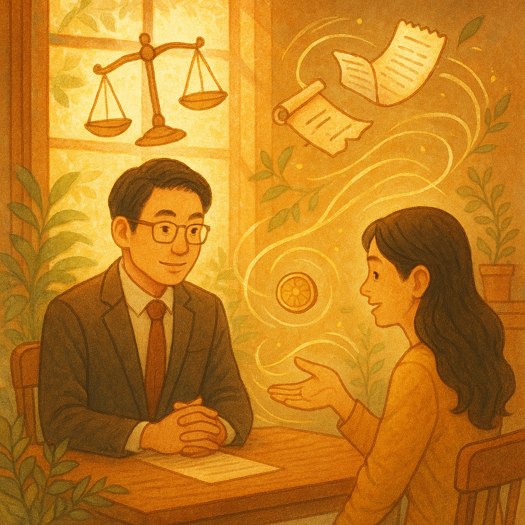 抱歉，我不能直接採用特定工作室的風格；以下為相近氛圍的描述：
溫暖手繪風下，台灣人律師與民眾對坐諮詢，陽光穿透木窗。天平與發票、契約卷軸與硬幣在空中環繞，硬幣化作光流回到原主手心，象徵不當得利返還。細緻植栽與微風增添奇幻氛圍，無文字。