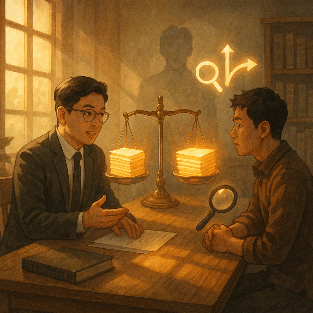 日光灑入木質事務所，台灣律師與台灣當事人圍桌諮詢，天平上兩份發光卷宗對比，放大鏡與路徑分岔符號飄浮；背後一位半透明第三者剪影若隱若現，柔和溫暖的魔幻電影感手繪動畫風、自然光與質感細節，畫面不含文字。