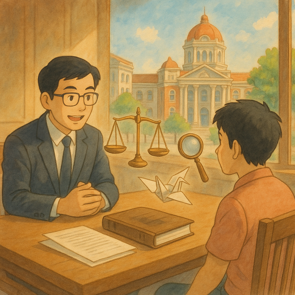 吉卜力風手繪場景,溫暖柔和色調與自然光;台灣律師與民眾於木質諮詢桌前交流,桌上漂浮著天秤、放大鏡與案件卷宗化作紙鶴;遠處童話感法院與市政街景疊影,呈現國賠案例比較與迷思釐清。畫面無文字。