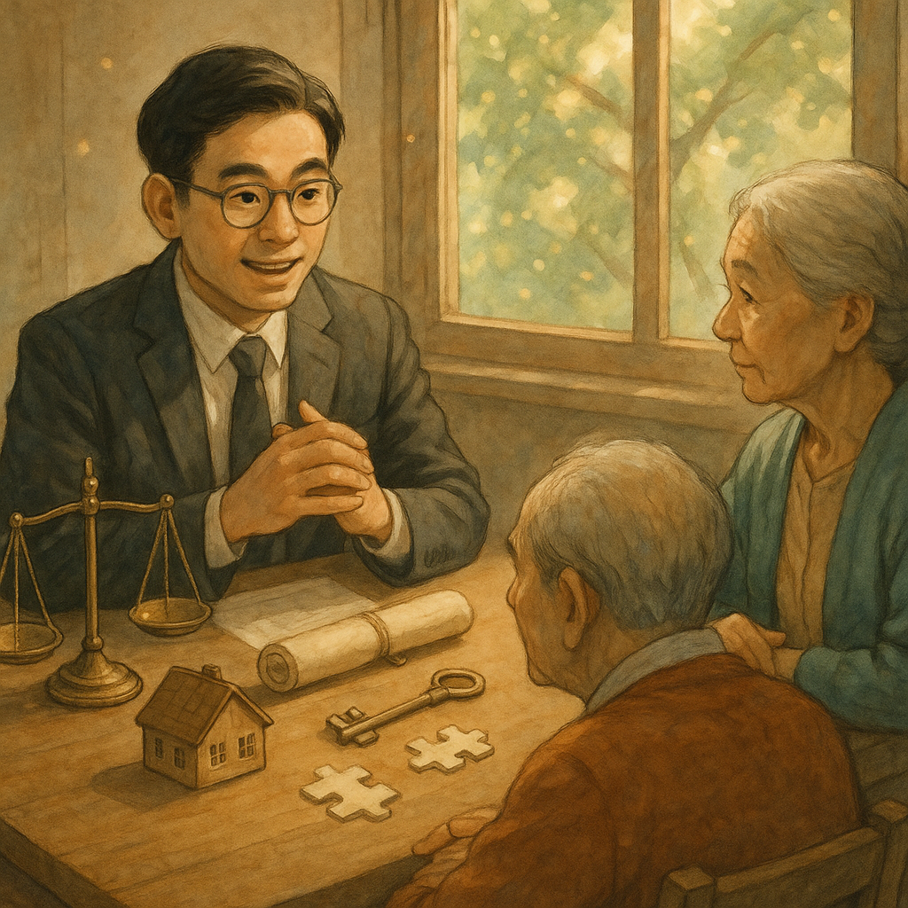 台灣人律師與長者家人圍桌諮詢,電影感構圖,自然光與柔和色調、手繪質感。桌上擺放天秤、遺囑卷軸、家屋模型、鑰匙與拼圖,象徵遺產分配與風險控管。窗外漂浮光點與樹影,吉卜力風奇幻感,無文字。