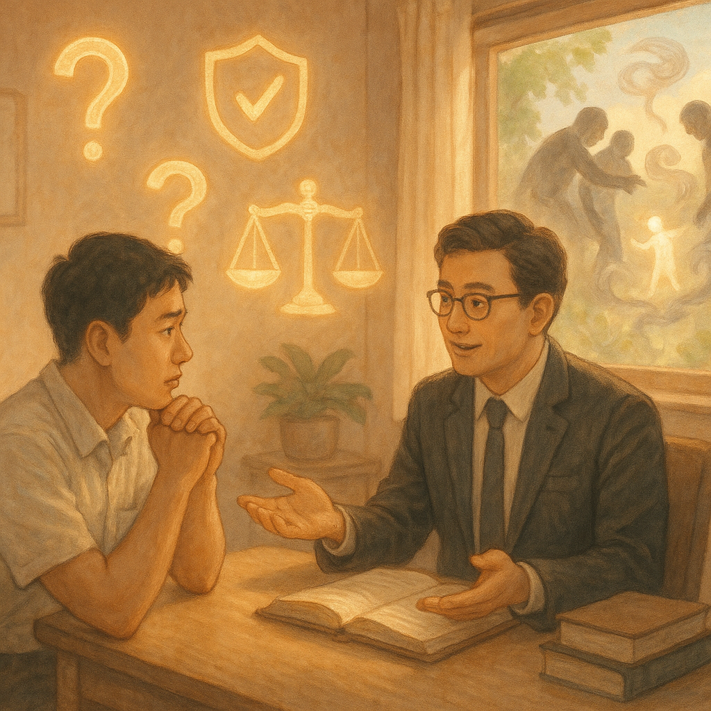 溫柔手繪高解析度場景,柔色調與自然光、電影感:台灣員工在陽光灑落的諮詢室向律師求助,牆邊漂浮發光疑問圖示與天平、盾牌等象徵;窗外柔和精靈驅散如影團的職場霸凌。