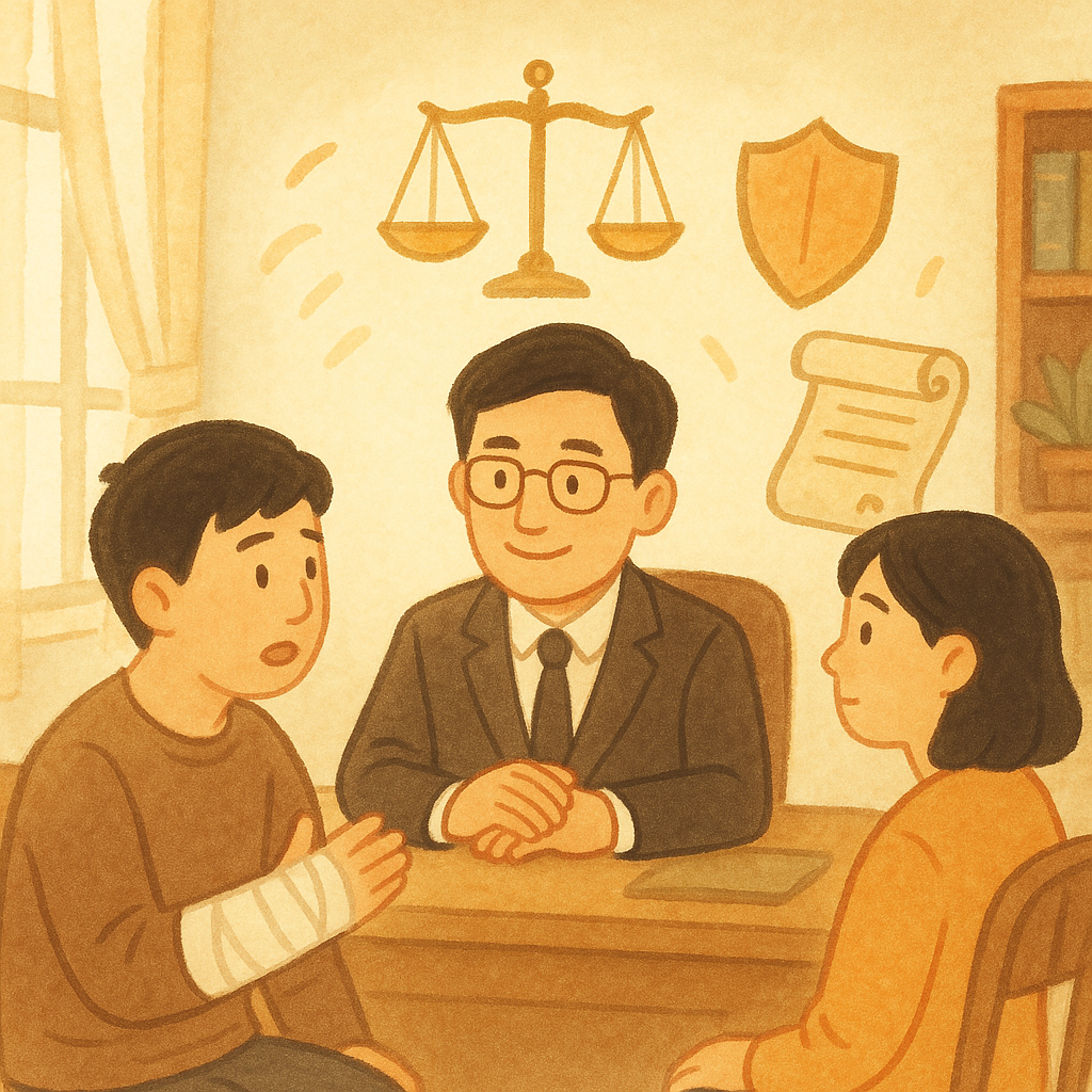 溫暖自然光下的律師事務所,台灣律師溫和傾聽兩名台灣當事人,一人手纏繃帶。手繪質感的天秤、契約卷軸與護盾圖像在空中輕盈環繞,象徵打架致傷求償與常見疑難。軟色調、童趣電影感、畫面無文字。